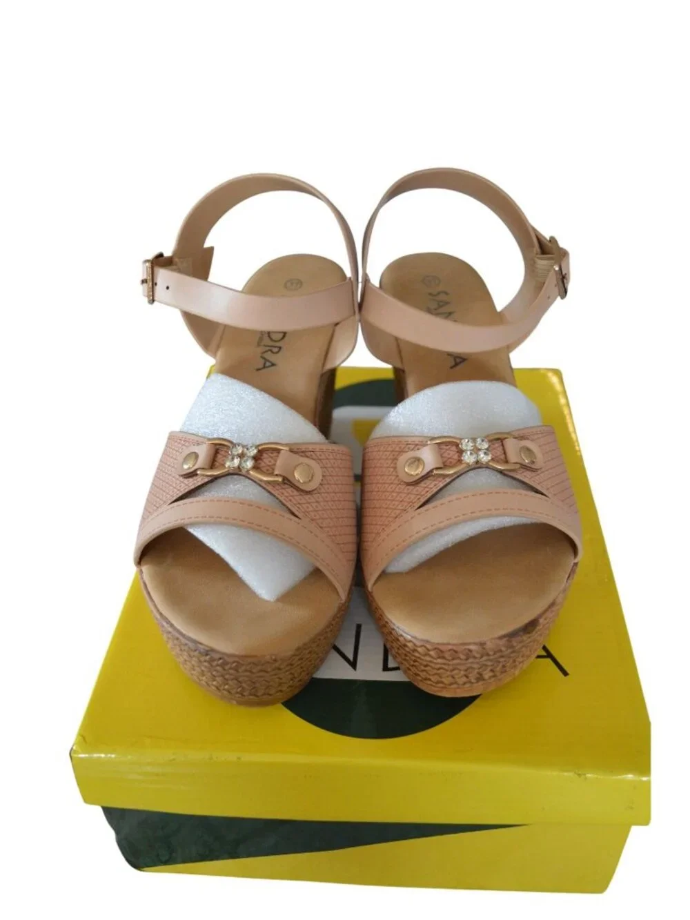 NIB Sandra Beige Platform Sandals Embellished Ankle Strap Women Size 6.5 (37)